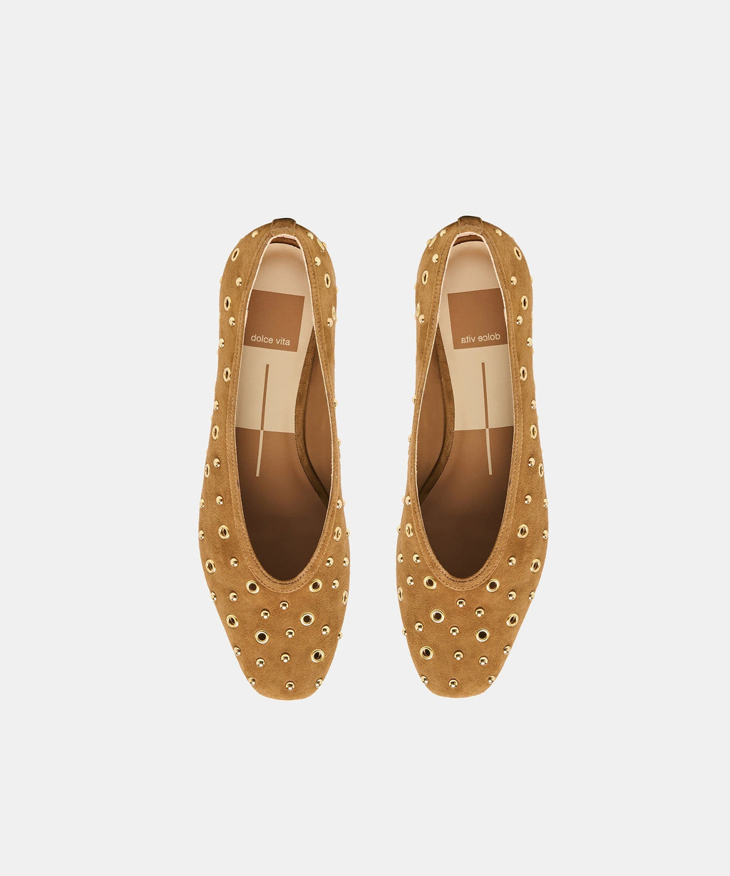 CARET STUD BALLET FLATS LT BROWN SUEDE
