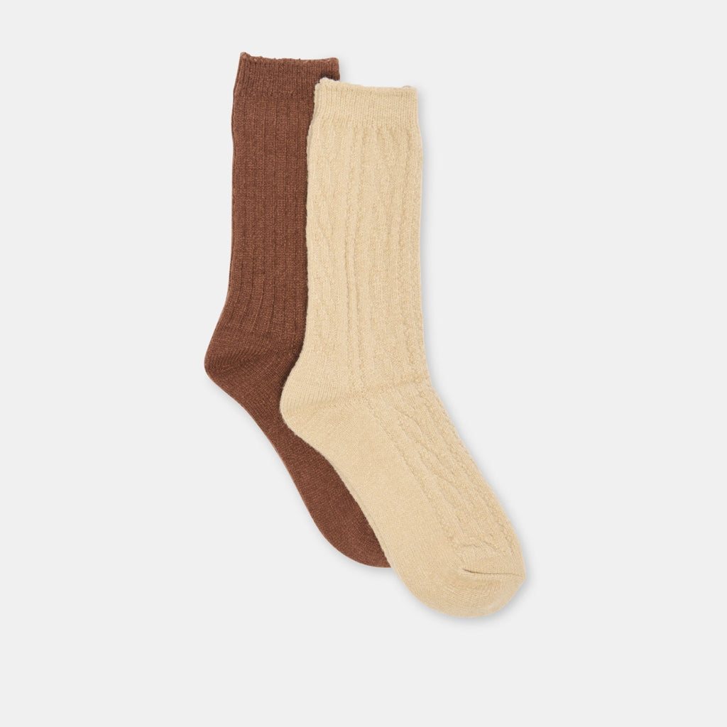 2 PACK CABLE TEXTURE CREW SOCKS BROWN MULTI