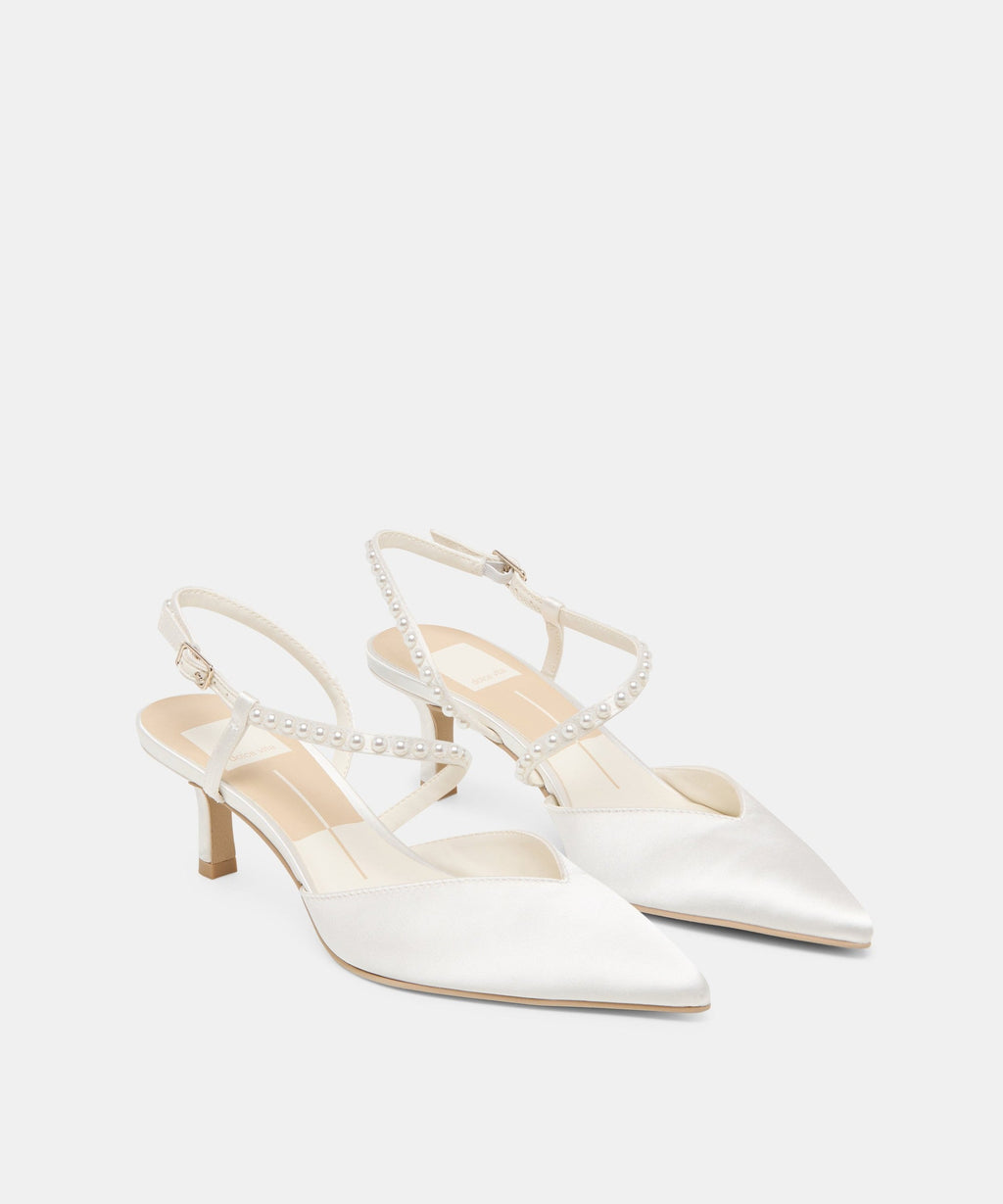 KAMRA PEARL MID HEELS TRUE WHITE SATIN