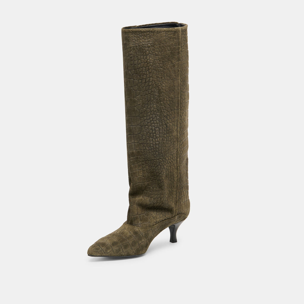 ROXLA BOOTS OLIVE CROCO EMBOSSED LEATHER