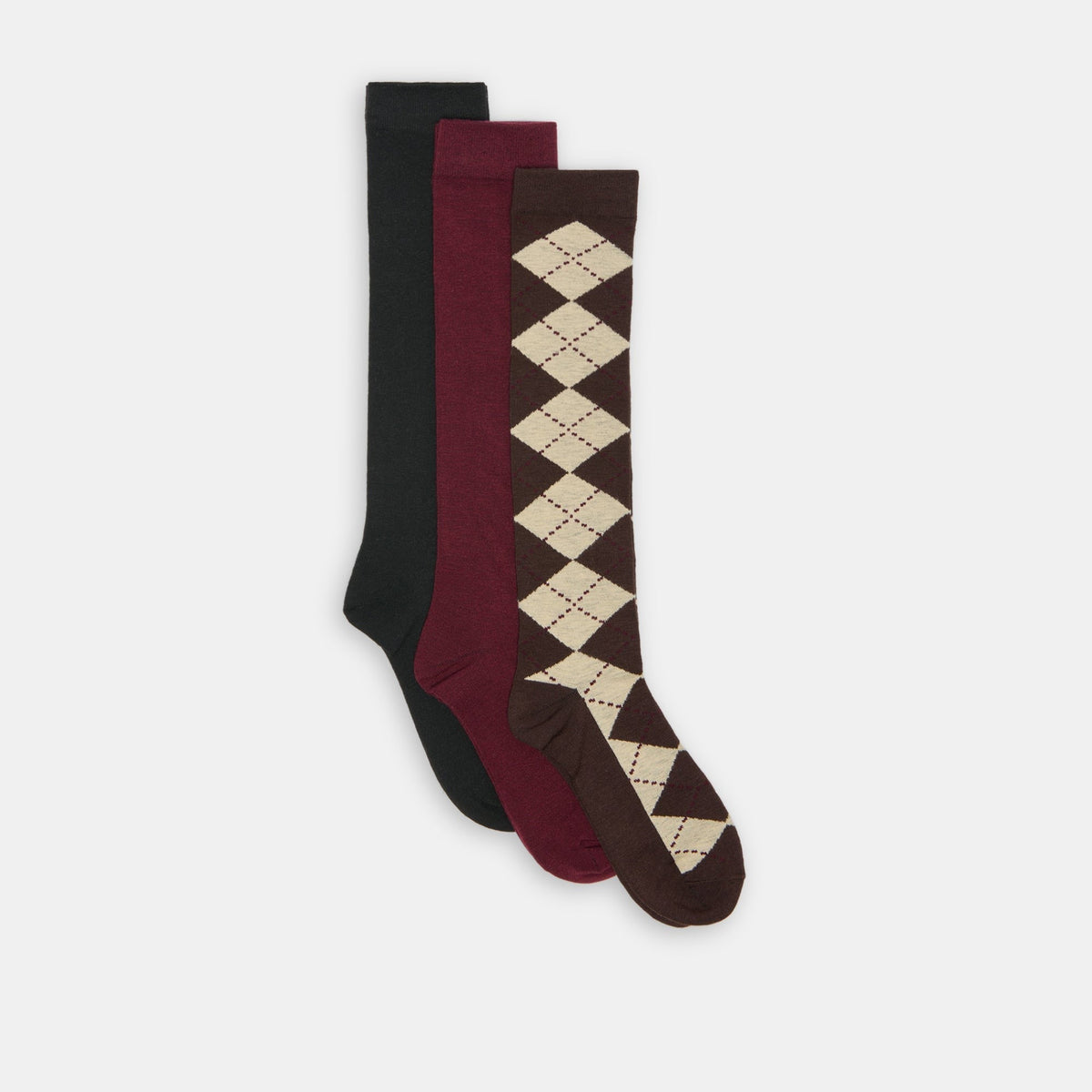 3 PACK ARGYLE KNEE HIGH SOCKS BROWN MULTI