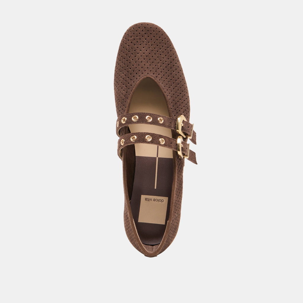 BAYLEE GROMMET BALLET FLATS DK BROWN PERFORATED SUEDE